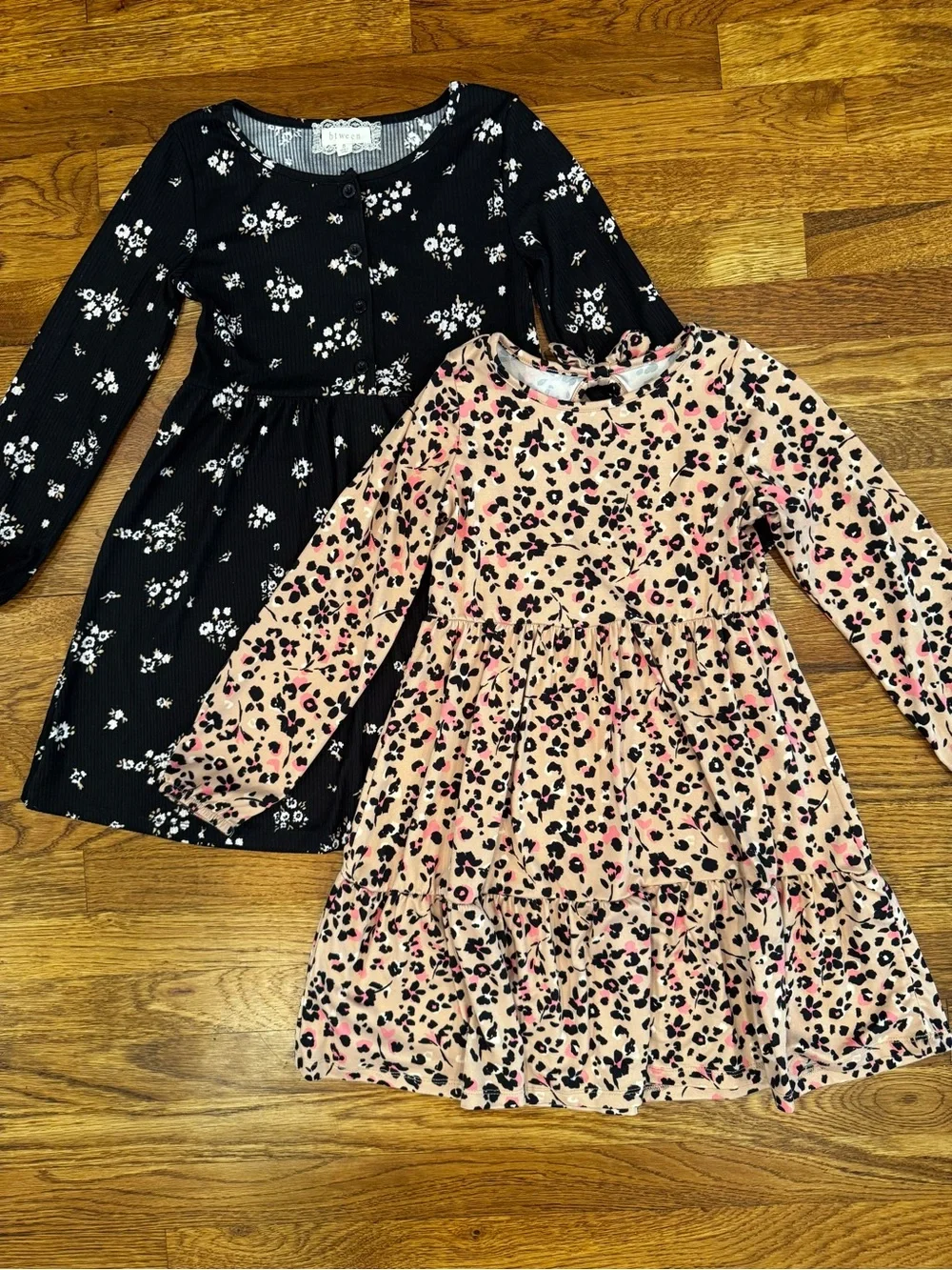 NWOT Btween Bundle of 2 Black Floral & Pink Leopard Long-Sleeve Dresses - Size 8